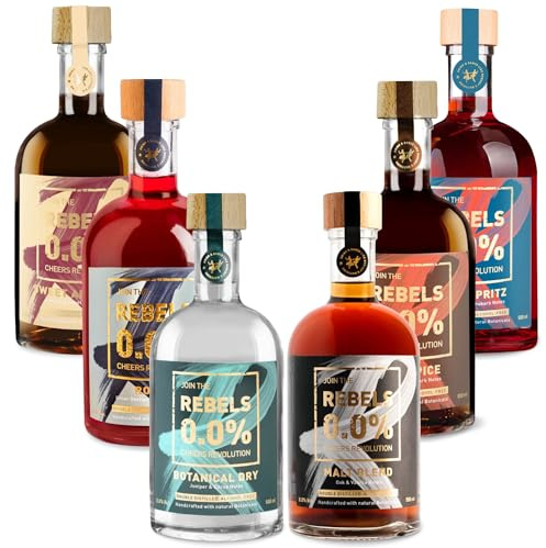 REBELS 0.0% Alkoholfreie Spirituosen 5+1 Gratis - Geschenk-Set mit 6 Sorten: Malt Blend, Spritz, Amaretto, Botanical Dry, Rosso, Rum Alternative | 6x500ml I Mocktails | Vegan