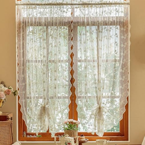 Ricemru Spitze Vorhang Scheibengardine Landhaus Creme Stickerei Blumen Bistrogardinen Spitzenvorhang Spitzengadinen in Wohnzimmer Küche 1 Stück,130x120