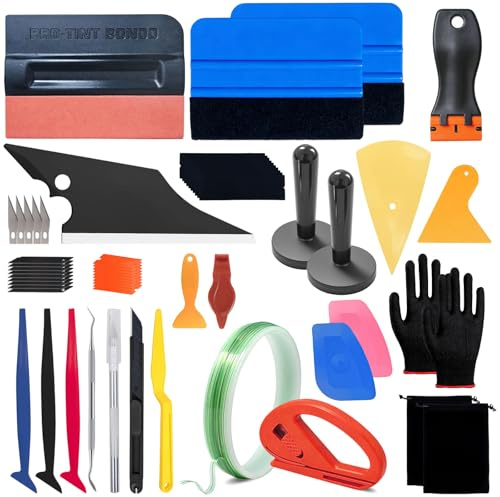 Prebarfun 60 Pezzi Kit di Pellicola per Vetri Auto,Vinile Spatola per Pellicole Adesive con Borsa Porta Attrezzi,Kit Wrapping Pellicola Oscurante Vetri Auto,5M Corda Taglia Pellicole,Raschietto
