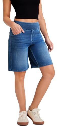 LaiEr Women's High-Waisted Bermuda Denim Shorts,Casual Knee-Length Stretch Loose Jeans Shorts,Imitation Denim Print Design,Suitable for Sports,Fitness,Yoga,and Workouts