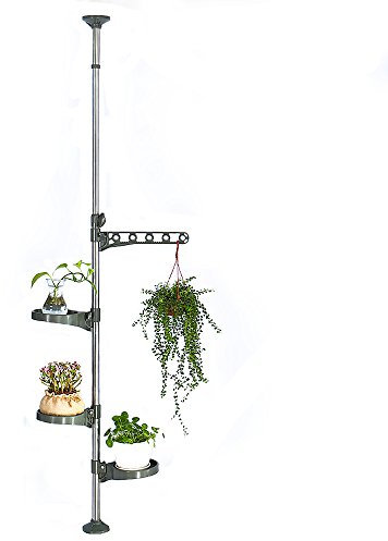 BAOYOUNI Pflanzenständer für den Innenbereich, Spannstangen-Design, verstellbarer Blumenständer mit Federmechanismus, Aufhänger und Ablageregal, 3 Ablagen & 1 Arm für Fensterbank, Arbeitsplatte, Grau