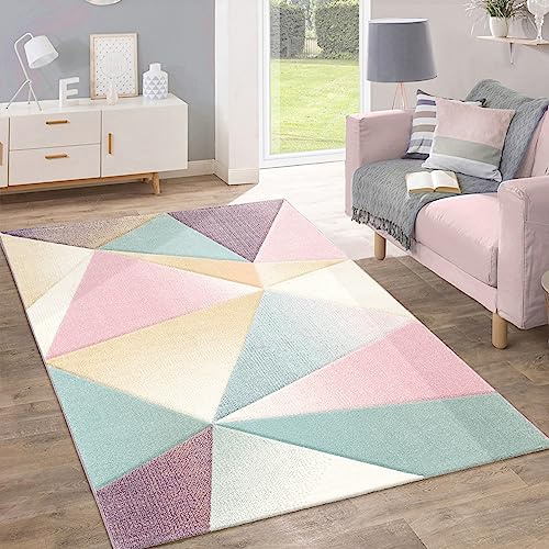 Paco Home Alfombra Pelo Corto Tendencia Pastel Diseño Geométrico Inspiración Multicolor, tamaño:70x250 cm