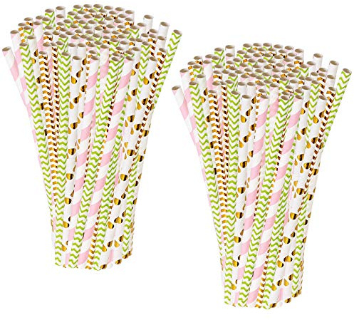 PEARL Trinkstrohhalme: 200 Papier-Trinkhalme, Retro-Motive in gold, grün, rosa, 197 x 6 mm (Halme, Straws)