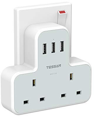 Plug Adapter with 3 USB Ports, TESSAN Double Plug Adaptor UK, 2 Way MultiPlug Extension with USB Charger, Slim Power Extender for Office, University Essentials