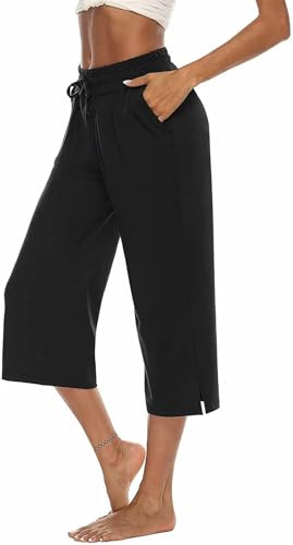 ASKSA Womens 3/4 Capri Pants Wide Leg Crop Trousers Jogging Yoga Loose Comfy Lounge Drawstring Sweatpants with Pockets(Black,L)