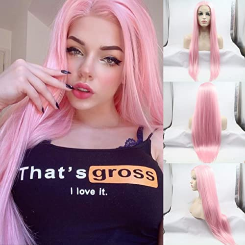 Hellrosa Lace-Front-Perücke für Frauen, lang, glatt, rosa Perücke, Wonder Girl, Pfirsich, synthetische Haarperücke, Hochtemperaturfaser, Haarersatzperücke (Hellrosa)