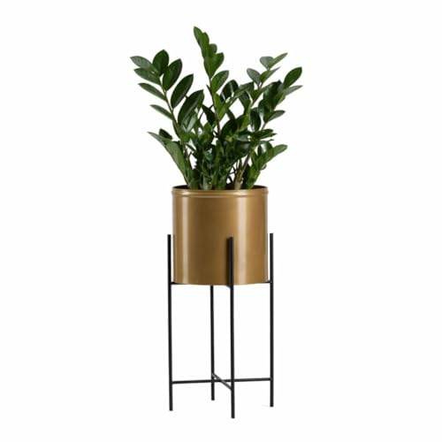 HowHomely Moderne Blumenständer Metall 55 cm Hoch mit Gold Blumentopf Rund 21 cm Ø auf Robuste Schwarzem Ständer - Pflanzenständer im Loft-Stil für die Innendekoration