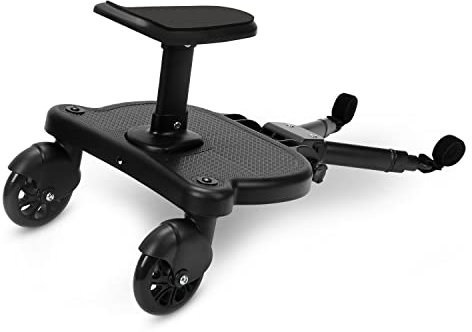 Tubiaz Buggy Board mit Sitz, Kiddy Board Trittbrett, Universal Stehbrett, 360°Zweirad Design, Kinderwagen Zubehör, mit Kinderwagensitz, passend für jeden Kinderwagen erhältlich(Schwarz)