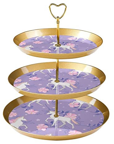JAVENPROEQT 3-Tier Cupcake Stand Cake Holder, Unicorn and Flowers Pink Reusable Serving Tray Pastry Display Tower for Birthday Baby Shower Tea Party