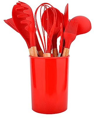 Wooden Handle Silicone Kitchenware Set 12PCS Baking Tools Non-Stick Pan with Storage Bucket Kitchen Utensils Set Red