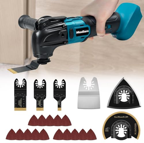 MaxEarn Akku-Multifunktionswerkzeug mit 6 Titan Sägeblätter + 15 Sandpapier, Kabelloses Oszillierendes Werkzeug-Set für Makita 18V, Multitool Bürstenlos zum Schaben Schneiden Schleifen (ohne Akku)