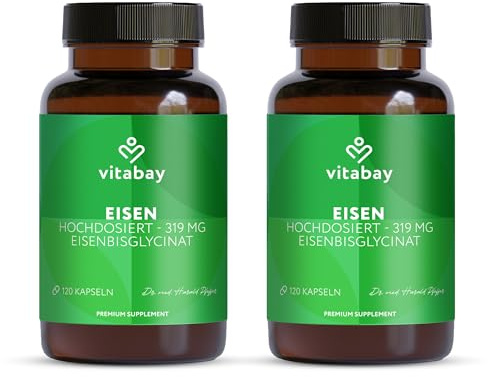 Vitabay Eisen Kapseln hochdosiert – 240 vegane Kapseln mit Eisenbisglycinat | 50 mg elementares Eisen – vegan, laborgeprüft, ohne unnötige Zusätze – 8 Monate Vorrat