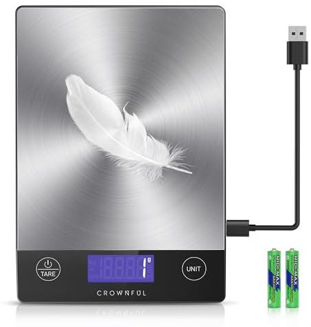 CROWNFUL Báscula de cocina recargable para alimentos, báscula digital de 33 libras, peso en gramos y onzas para hornear y cocinar, carga tipo C, pantalla LCD, acero inoxidable 304