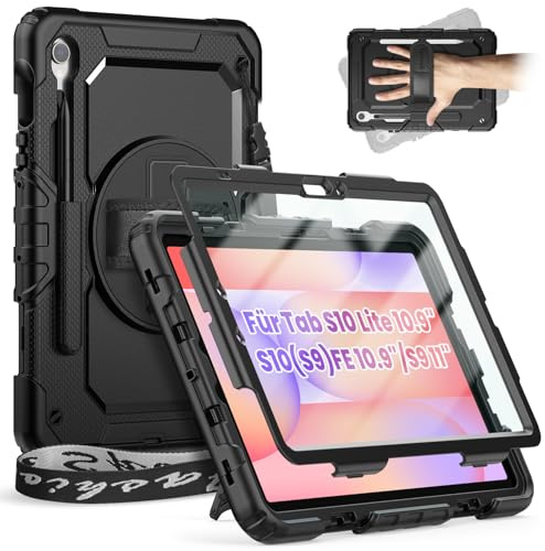 Timecity Hülle für Samsung Galaxy Tab S10 Lite/ S10 Fe/ S9/ S9 FE, Schwarz | für Samsung Tablet s10 fe 10,9/11 Zoll mit Displayschutz, 360° Drehbarem Ständer/ Handschlaufe/ Schultergurt/ Stifthalter