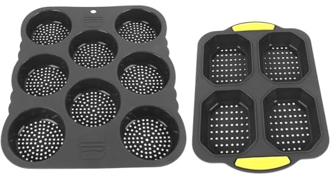 Hamburger Brötchenform mit 8 + 4 Mulden, Silikon Backform, Perforiert, Antihaftbeschichtet, Rundes Backblech für Hamburger Brötchen mit Halterung für Brotbackmaschine Zum Backen