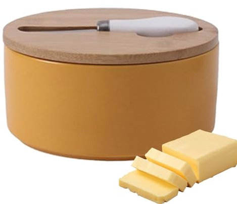 Annewi Beurrier rond recouvert de céramique avec racloir, réservoir d'huile jaune, pot de rangement rond pour le beurre, la confiture, le fromage