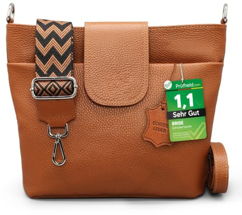 Brise Art ELLIE Damen Umhängetasche Echtleder Handgefertigt Crossbody Bag | [Test SEHR GUT, Note 1.1], Echtes Leder, Schultertasche mit Ledergurt & wahlweise gemustertem Riemen, 6 Fächer, Made in Italy