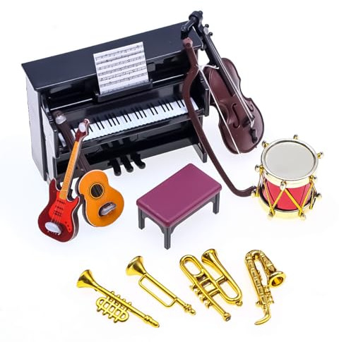 Hsthe Sea 12 Pieces Dollhouse Miniature Musical Instrument Ornament Saxophone Piano Violin Guitar Drum Model Furniture Decoration Accessories