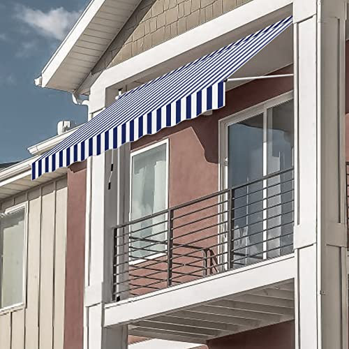 Fiqops Klemmmarkise Markise Balkon 350cm Breit, Balkonmarkise Handkurbel höhenverstellbar ohne Bohren, UV-beständig Sonnenschutz wasserdicht für Terrasse Balkon Veranda, Blau-Weiße