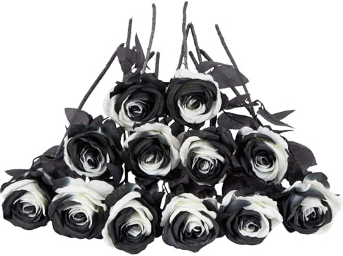 Laelfe Künstliche Rosen, Schwarz Weiß, 12 Stück, 53 cm Langer Stängel | Realistische Kunstrosen für Halloween, Hochzeitsramos, Heimdekoration, Party, Hotel, Garten Dekorationen