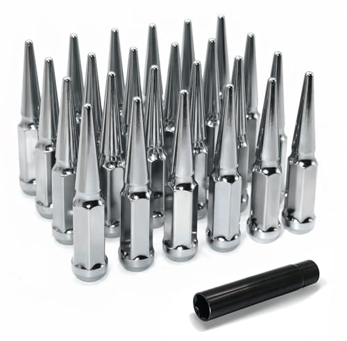 LUJIANI 1/2-20 Wheel Spike Lug Nuts，24pcs 1/2-20 Locking Spiked Lug Nut with 1 Socket Key，4.4 Tall Chrome Acorn Lug Nut Replacement for Wrangler Cherokee Liberty
