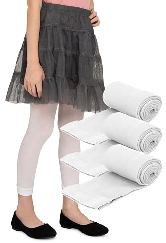LORES Leggings per Bambine Lunghezza 7/8 alla Moda Senza Piedi Eleganti Pantaloni per Bambini Sport Balletto Yoga Ginnastica Gonna Vestito Alice, Confezione da 3 Bianco 134/140 cm (9/10 Anni)