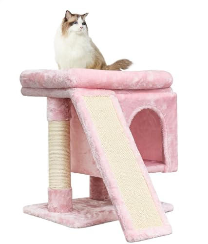 SYANDLVY Pequeño árbol rosa para gatos con percha para gatos de interior, torre para gatos con poste rascador, casa de actividades moderna para gatos grandes, condominio con tabla, cueva de gatitos