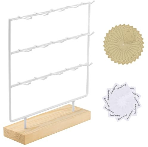 RNTBWD Schmuckständer Holz, 3 Etagen mit 15 Haken Klein Ohrringe Aufbewahrung Schmuck Ständer für Ohrring, Ringe, Armbänder & Schlüsselanhänger(Weiß)