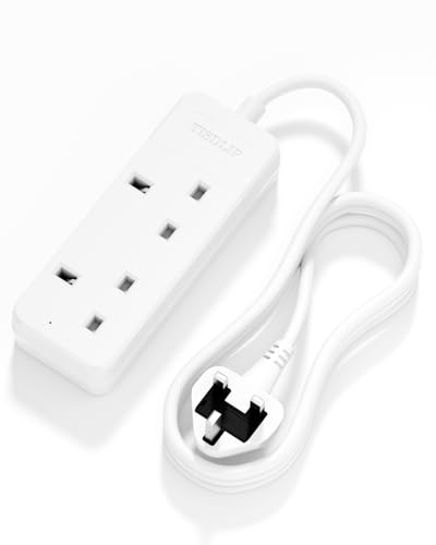 Extension Lead 2 Way 1M White Rewirable Extension Socket Thin Plug for Corner Use