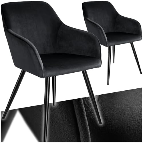 tectake® 2er Set moderner Esszimmer Stuhl, Esszimmerstühle mit Sitzfläche aus Samt, Armlehnstuhl, Sessel Wohnzimmer, gepolsterter Bürostuhl, Schminktisch Stuhl, gemütlicher Küchenstuhl - schwarz