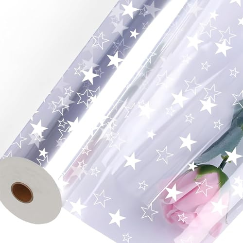 80CM x 100M Klare Mit Stern Cellophan Rolle Großes Geschenkfolie Hochzeit 2.5 Mil Zellophan Klarsichtfolien Taschen Verpackungspapier Weihnachten Blumen Geschenkkörbe (80cm Hälfte Gefaltet Auf 40 cm)