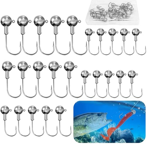 UZSUZZ 25 Piezas Gancho de Cabeza de Plomo, Anzuelos de Pesca mar Cabeza Plomada, Anzuelo de Plomo Afilados Anzuelos de Púas Pescado Jig Heads Gancho con Caja de Aparejos Plástico 20g,16g,10g,7g,5g