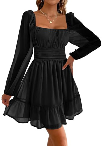 Imily Bela Damen Kleider Square Neck Partykleid Mesh Minikleid High Waist Falten Langarmkleid Hochzeitsgast mit Rüschen(Schwarz, L)