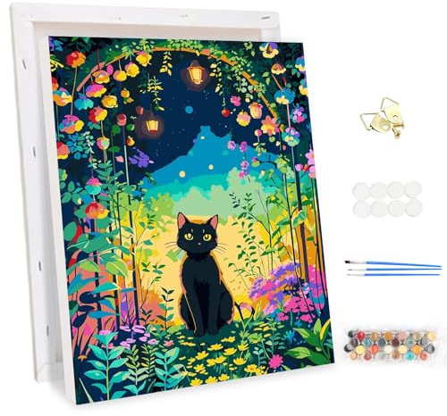 MEIYUDA Malen Nach Zahlen Erwachsene mit Rahmen Schwarze Katze im Garten, DIY Digitales Ölgemälde-Set auf Leinwand mit Pinseln und Acrylpigment Bastelset, Artwork für Heimdekoration Geschenk 30x40cm