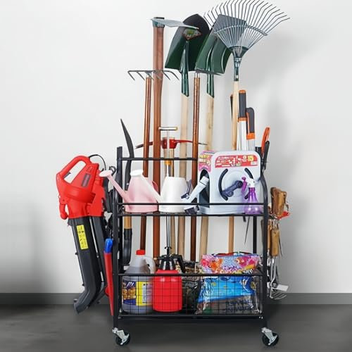 Organizer per attrezzi da giardino per garage, porta attrezzi da giardino in metallo nero, contiene fino a 13 attrezzi da giardino con manico lungo per lo stoccaggio in hotel, porta ombrellone e moc