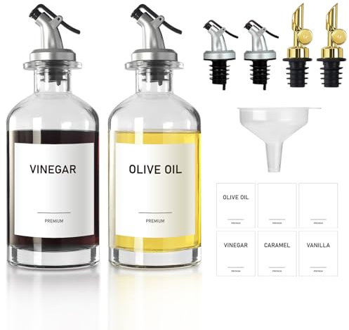 MIUSITE Glass Oil Dispenser 350ml Round Oil and Vinegar Dispenser Bottle with Dripless Spouts for Kitchen Cooking 2 Pack,2 type of Spout combination