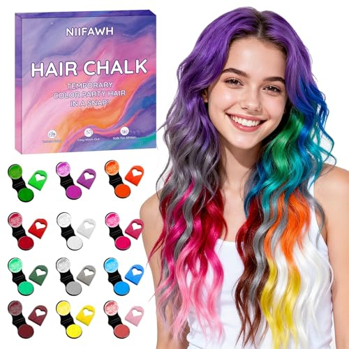 NIIFAWH 12 Color Hair Chalk - Temporary Non-Toxic Hair Dye for Adults & Kids | Safe, Long-Lasting & Easy to Wash Out | for Halloween, Parties & Festivals