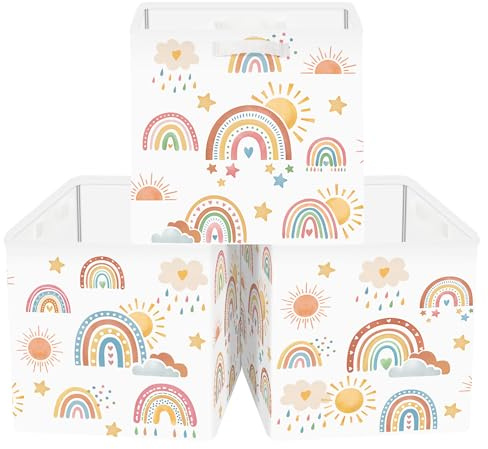 Clastyle 3 Stück Regenbogen Aufbewahrungsbox Stoff für Kallax Faltbar Aufbewahrungskorb Klein Schrank Organizer Kleiderschrank für Regal,Sonne,30x30x30 cm