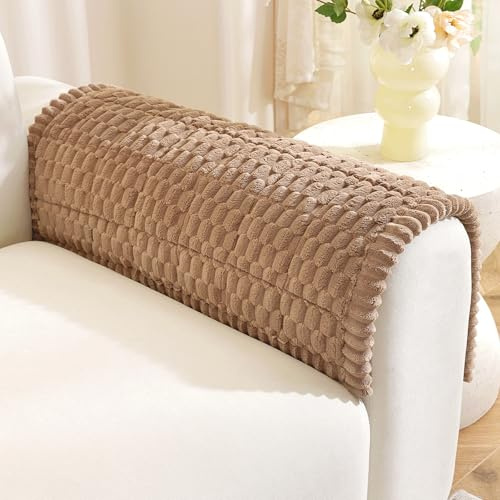 Royhom Couch Arm Covers, Fuzzy Arm Rest Covers for Sofa, Thick Chair Covers Armchair, Recliner Armrest Protectors for Pets, Dog Mat for Sofa Washable (Brown, 20 x 24 Inch, 2 Pieces)