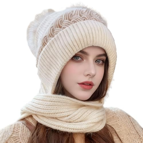 KASESSS Gorro de invierno para mujer, gorro de invierno para mujer, bufanda con capucha con pompón, 2 en 1, resistente al viento, bonito gorro de punto, para deportes al aire libre, color beige