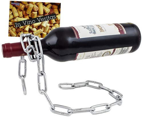 BRUBAKER Weinflaschenhalter Metall Kette – Flaschenhalter Silber - Deko Geschenk Metallfigur - Weingeschenk Flaschenständer mit Geschenkkarte - Illusion Einer schwebenden Flasche Wein