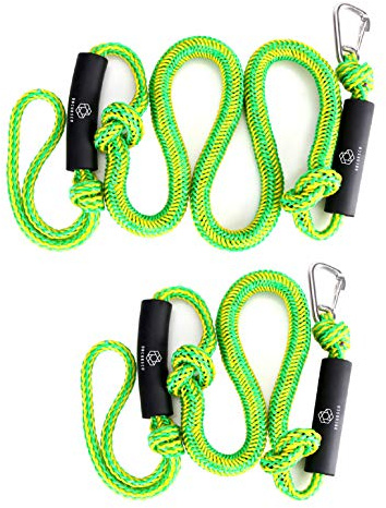 Obcursco Bungee Dock Lines for Boat, Docking Rope with 316 Stainless Steel Clips, Accessories for Jet Ski, PWC, SeaDoo, Pontoon, Center Console, Sets of Two(4ft & 6ft) (Green/Yellow)