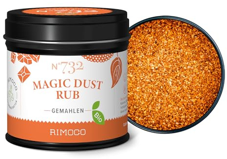 Rimoco N°732 Bio Magic Dust Rub Gewürzmischung - BBQ Grillmischung amerikanischer Art zum marinieren von Fleisch | Bio Anbau (DE-ÖKO-007) | 100g in eleganter Gewürzdose mit Aromadeckel