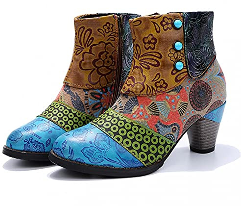 Hbeylia Vintage Ethnic Ankle Booties For Women Ladies Retro Bohemian Round Toe Chunky Mid Heels Short Boots With Fleece Lining Boho Waterproof Warm Dress Winter Snow Boots For Wedding Christmas Party