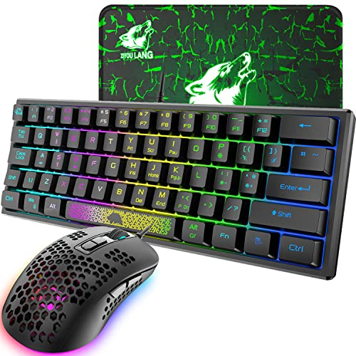 MAGIC-REFINER RK61 60% Gaming Keyboard and Mouse,Rainbow LED Backlit Gaming Keyboard with Wired Mini Portable 2400 DPI Ultralight Gaming Honeycomb Shell Mouse,Mouse Pad for Windows PC Gamers(Black)