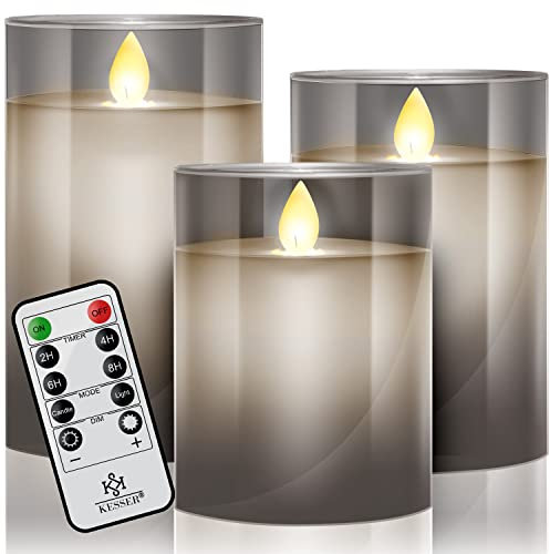 KESSER® LED Kerzen 3er Set Flammenlose Kerze mit Fernbedienung Timerfunktion Timer Dimmer Echtwachskerze 10cm, 12,5cm,15cm Hoch Realistisch Flackernde Flacker-Licht Led-Flammen Glas Deko Grau