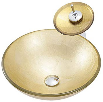 SXLSZ Aufsatzwaschbecken Goldenes Glaswaschbecken Bad Waschbecken Aufsatz, Modern Handwaschbecken G?ste Wc Top-Rund mit Wasserhahn