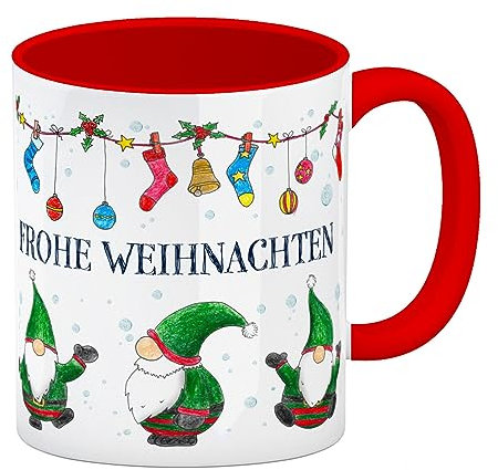 trendaffe Frohe Weihnachten Kaffeebecher Henkel und Innenseite Rot mit Wichtel Motiv
