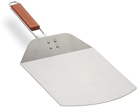 Relaxdays Pizzaschieber, Edelstahl, klappbarer Holzgriff, Pizzaheber BxT 24 x 25,5 cm, Pizza & Flammkuchen, Silber/braun