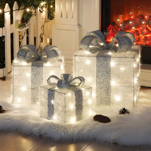 ELKTRY 3er LED Weihnachtsdeko innen, Geschenke Leucht Boxen mit Silberne Schleife außen, Weihnachtenbox Beleuchtet Deko mit 8 Leuchtmodus für Weihnachten Weihnachtsbaum Fenster Kinderzimmer